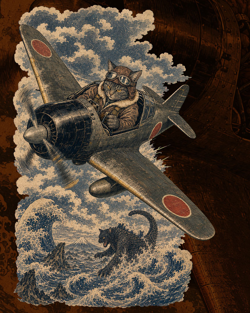 Cat Pilot and Catzilla shirt artwork