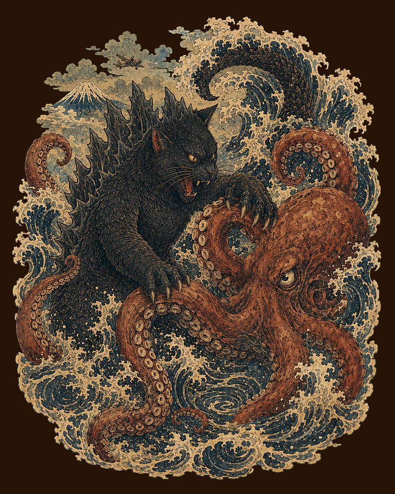 Catzilla versus Tako Titan shirt artwork