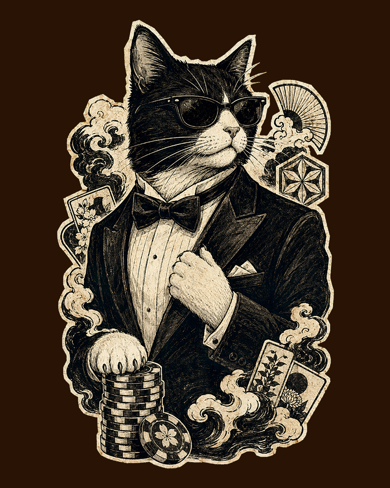 High Roller tuxedo cat shirt artwork