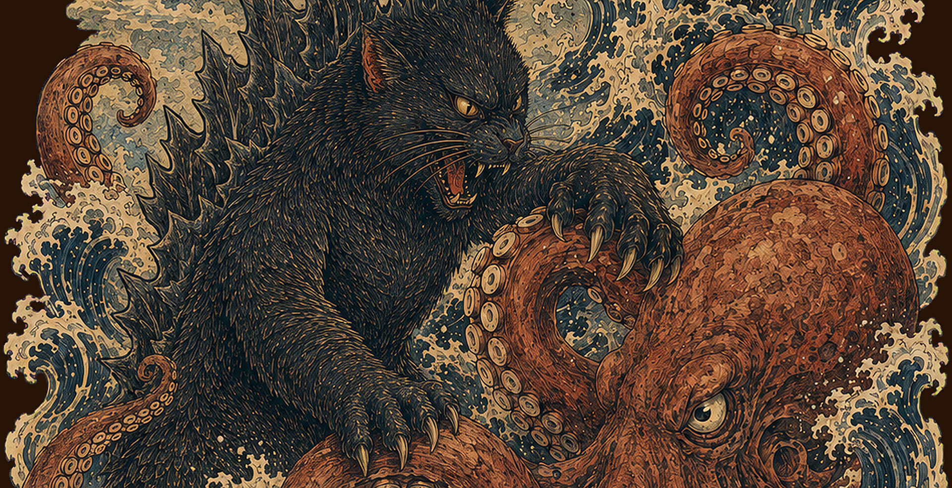 Catzilla and giant octopus woodblock battle