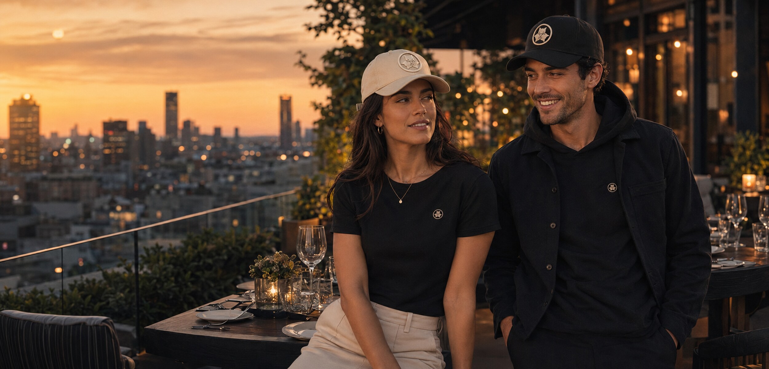 Fashion models wearing embroidered Alley Forms caps at a rooftop restaurant