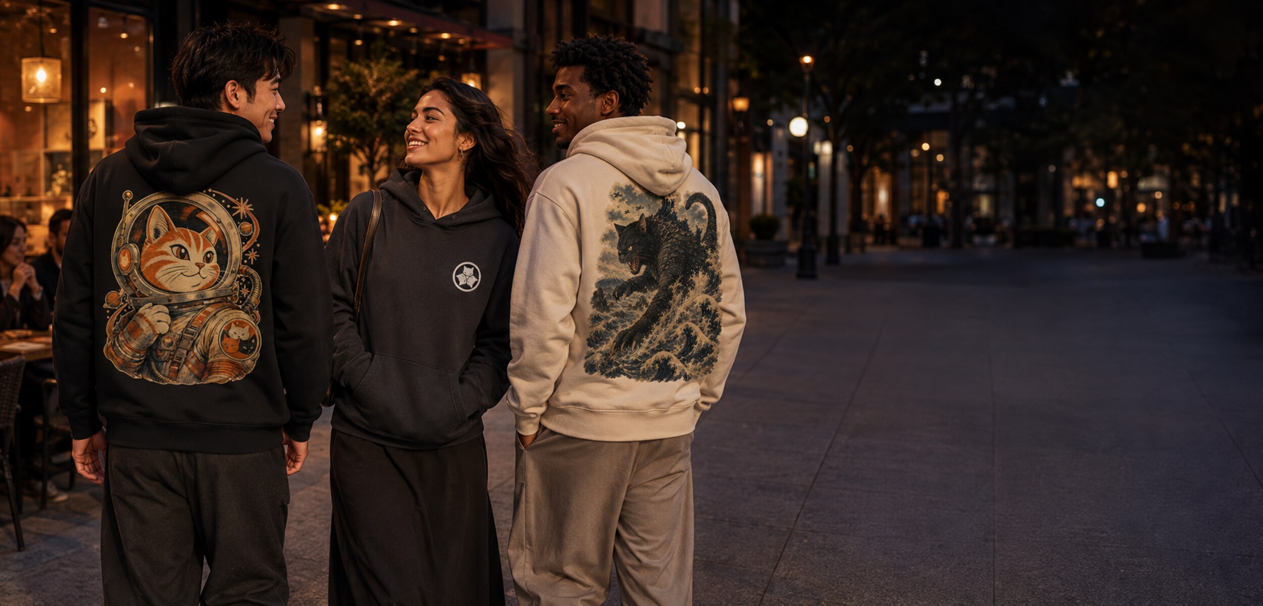 Fashion models wearing Alley Forms hoodies while walking through town