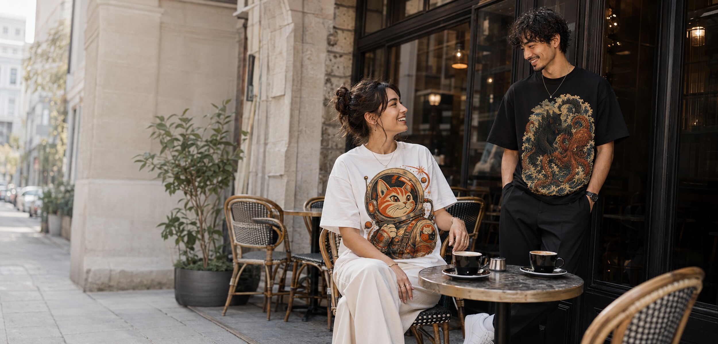 Friends wearing Alley Forms art tees at a city cafe