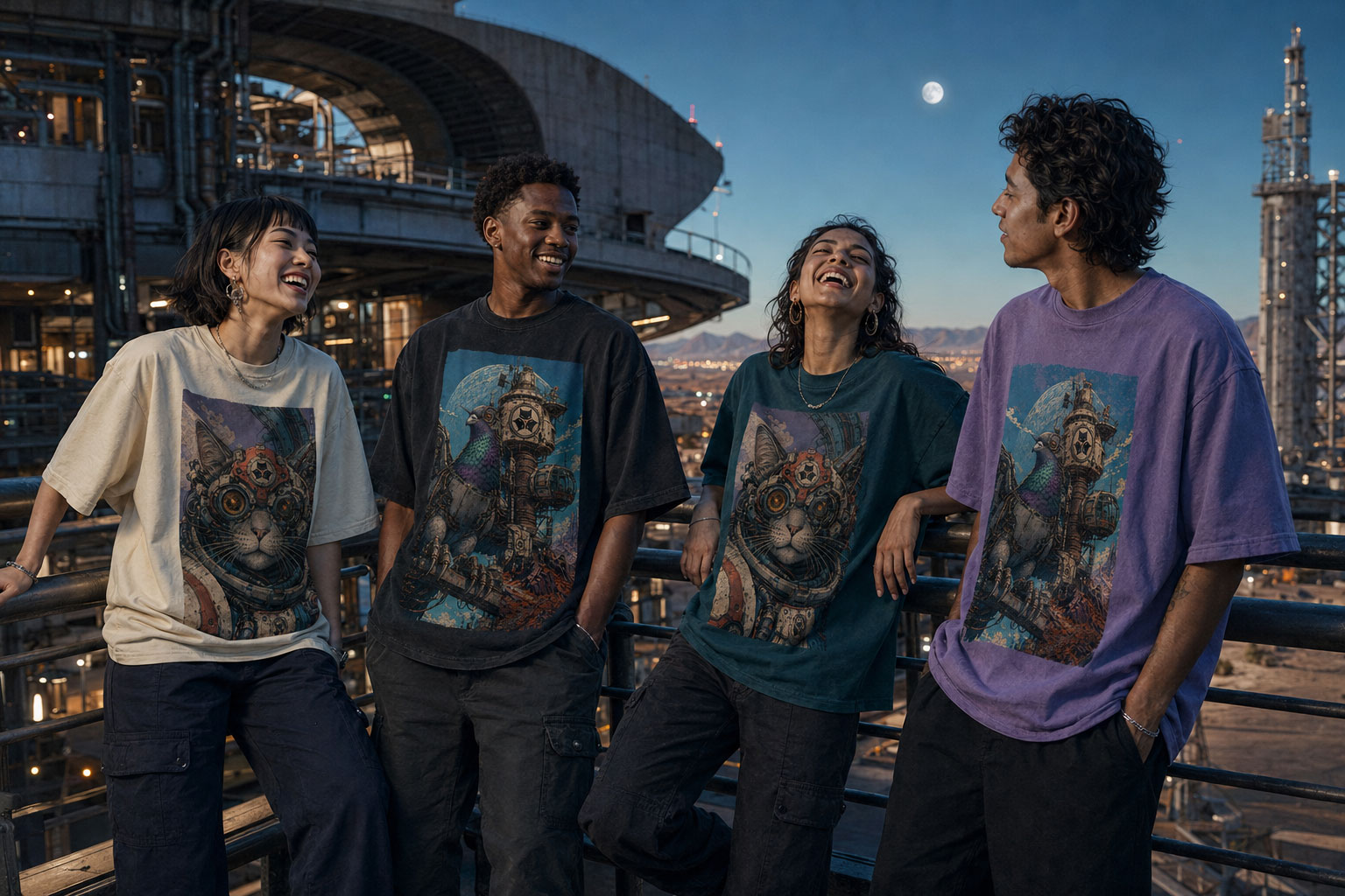 Friends wearing Cyborg Cat and Columba 9 Outer Alley designs