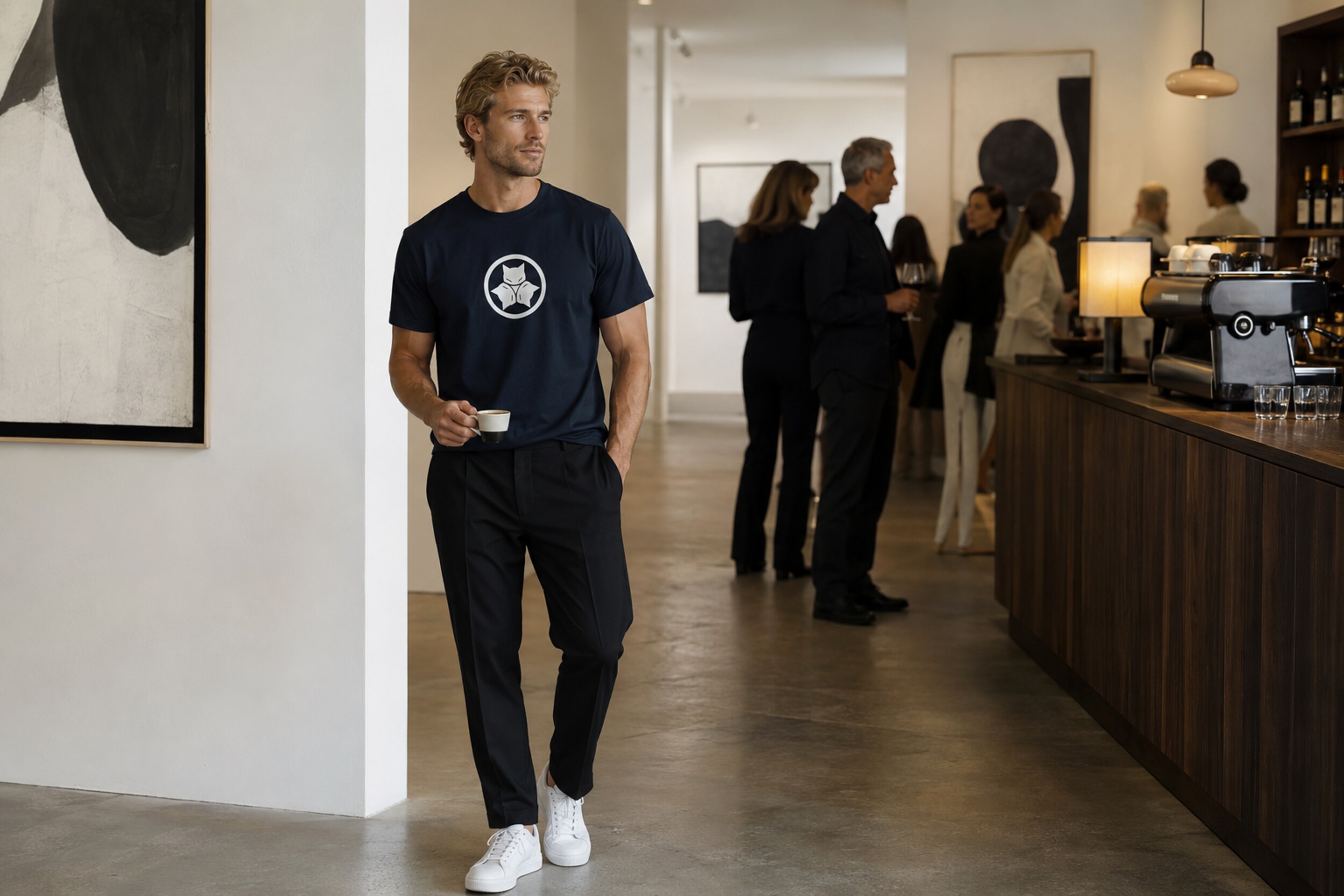 Blonde model wearing the Alley Forms crest tee at a gallery