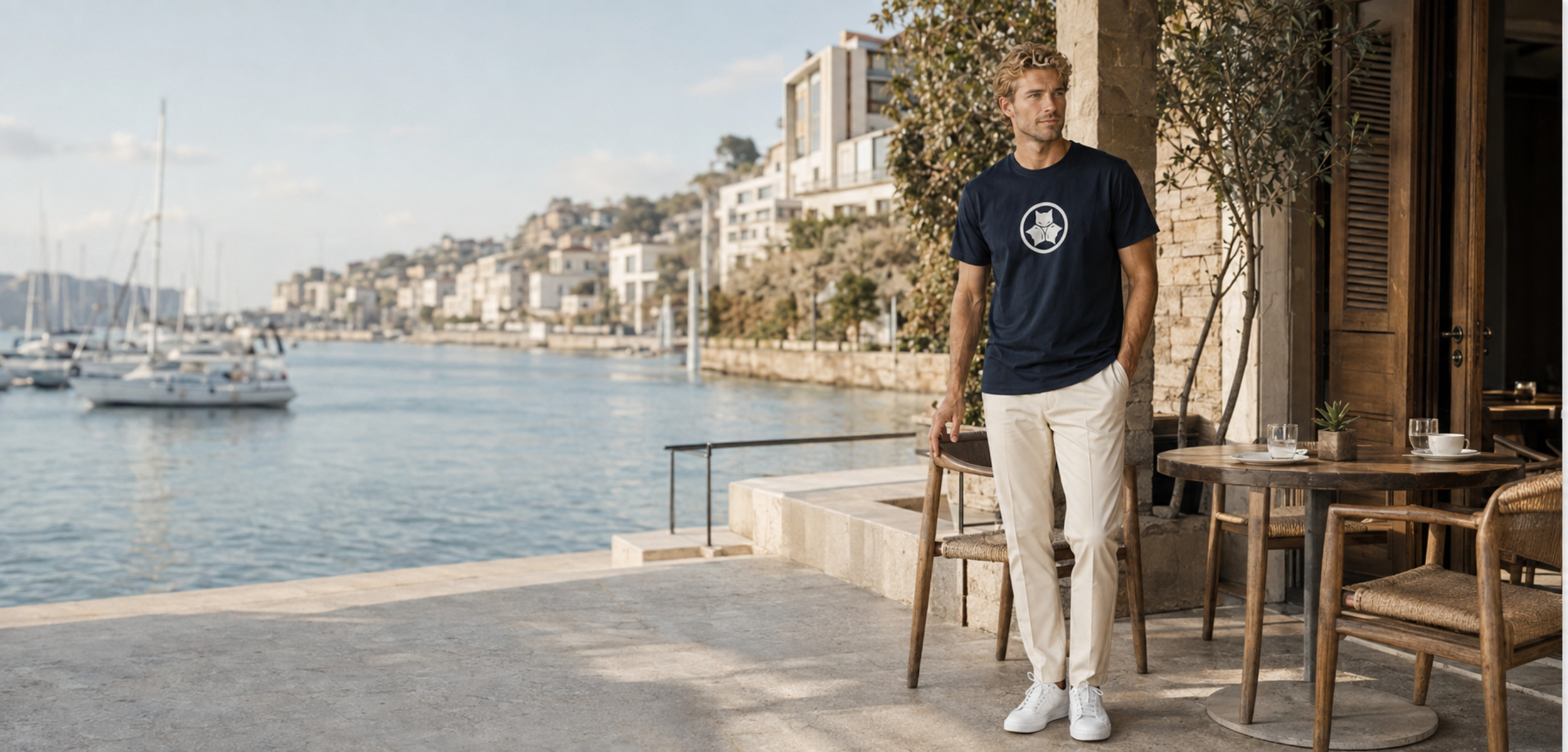 Blonde man wearing the navy Alley Forms crest tee at a marina cafe