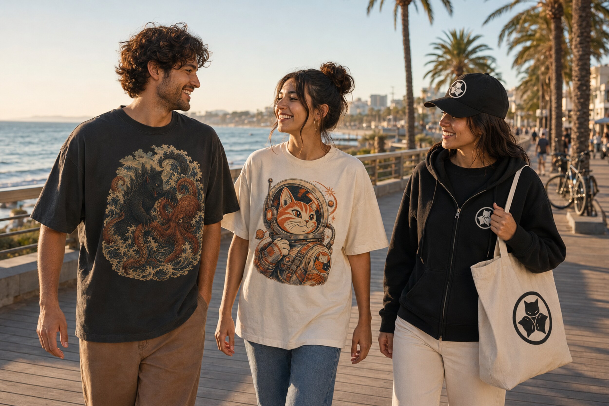 Friends wearing Alley Forms tees, hoodie, cap and tote on a seaside boardwalk