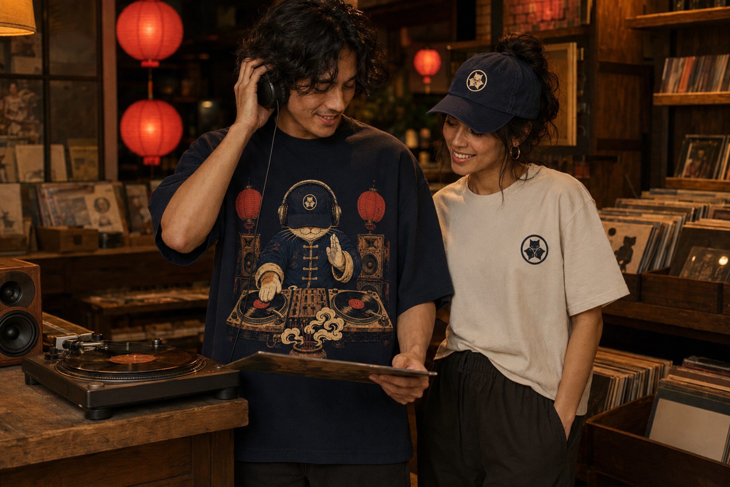 Friends wearing the DJ Cat tee and crest apparel at a vinyl listening bar