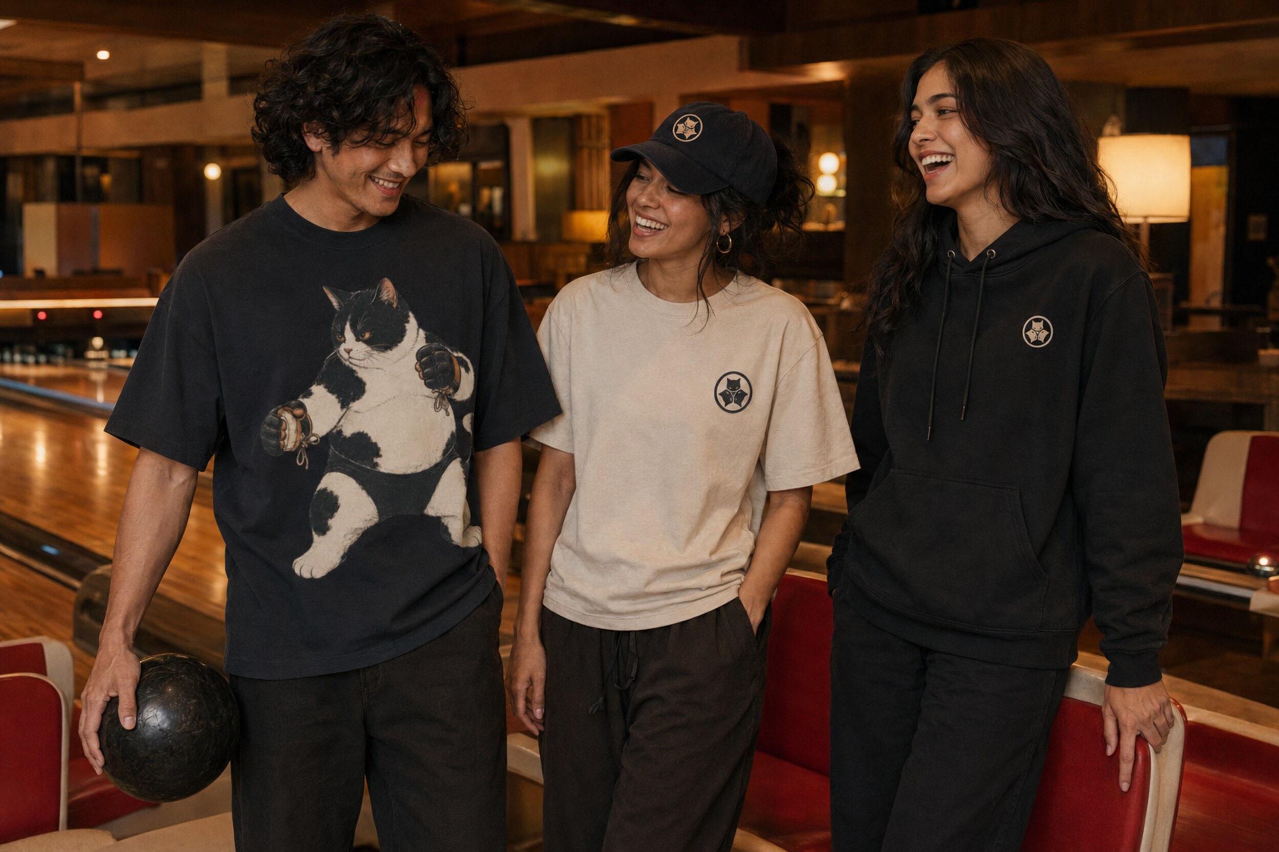 Friends wearing the fighting cat tee and crest essentials at a bowling lounge