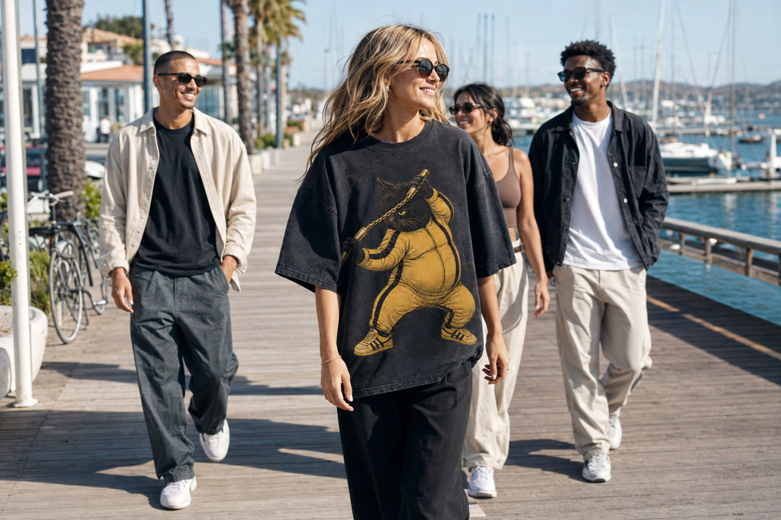 Models wearing Alley Forms Game of Forms apparel on a seaside boardwalk