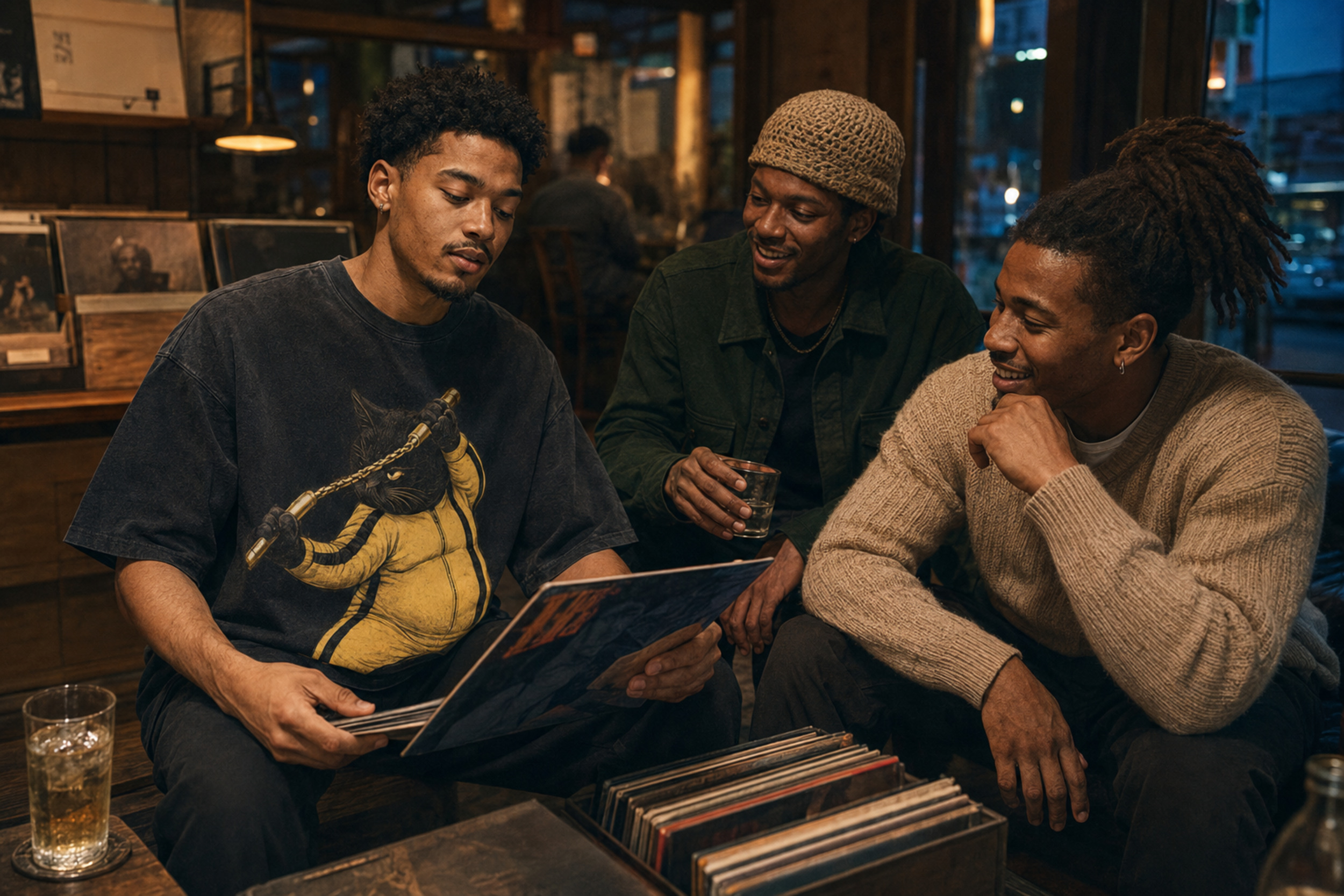 Models wearing Alley Forms Game of Forms apparel at a vinyl listening bar