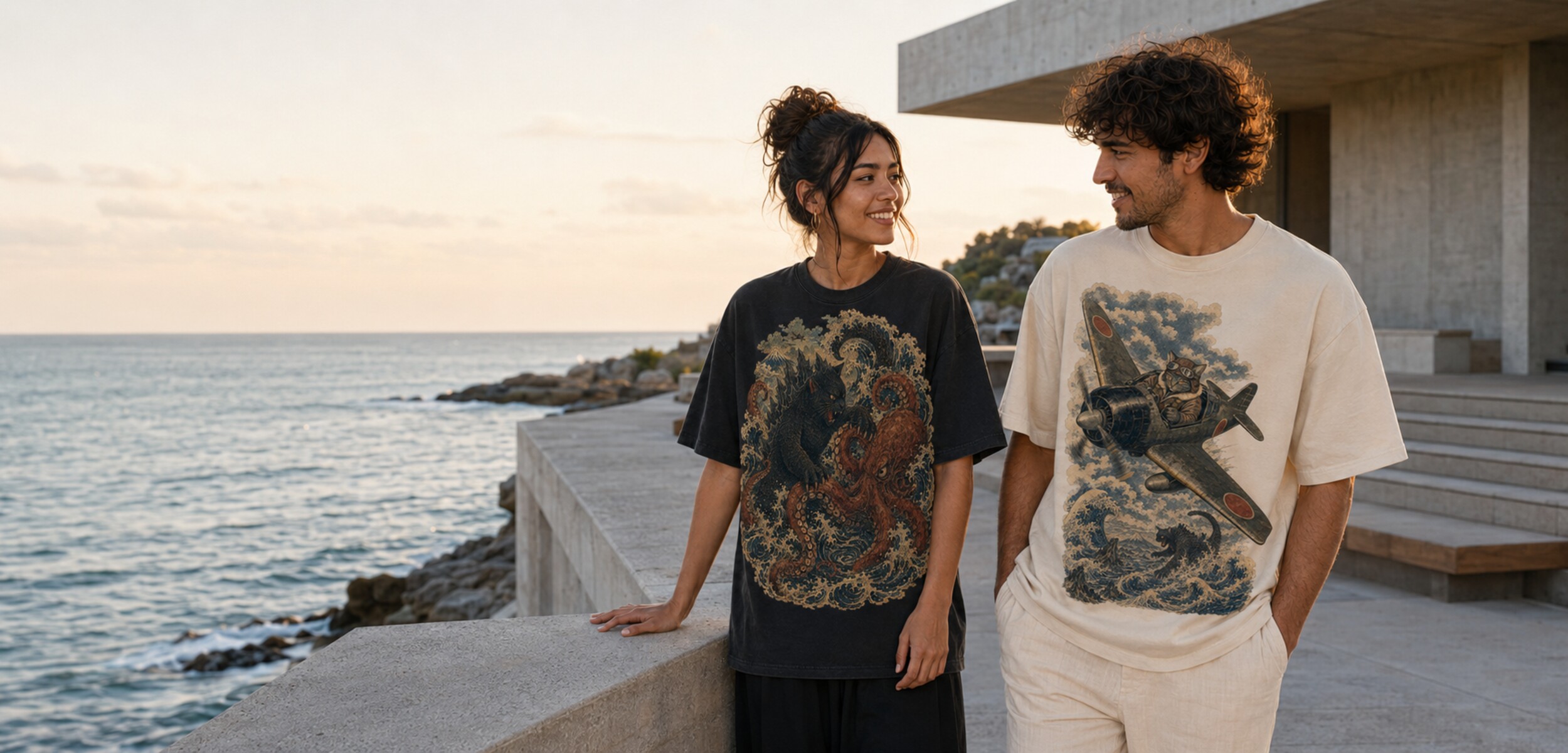 Two models wearing Kaiju Pilot and Catzilla shirts at the coast