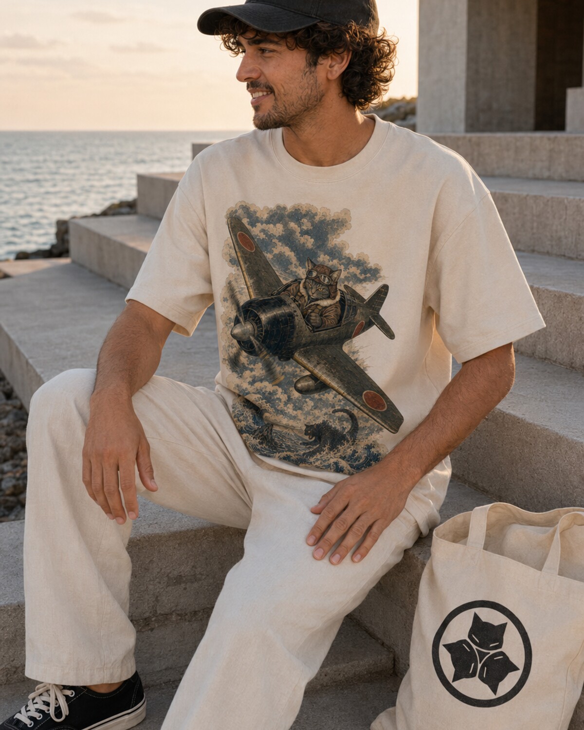 Model wearing the Kaiju Pilot tee and embroidered crest cap by the sea