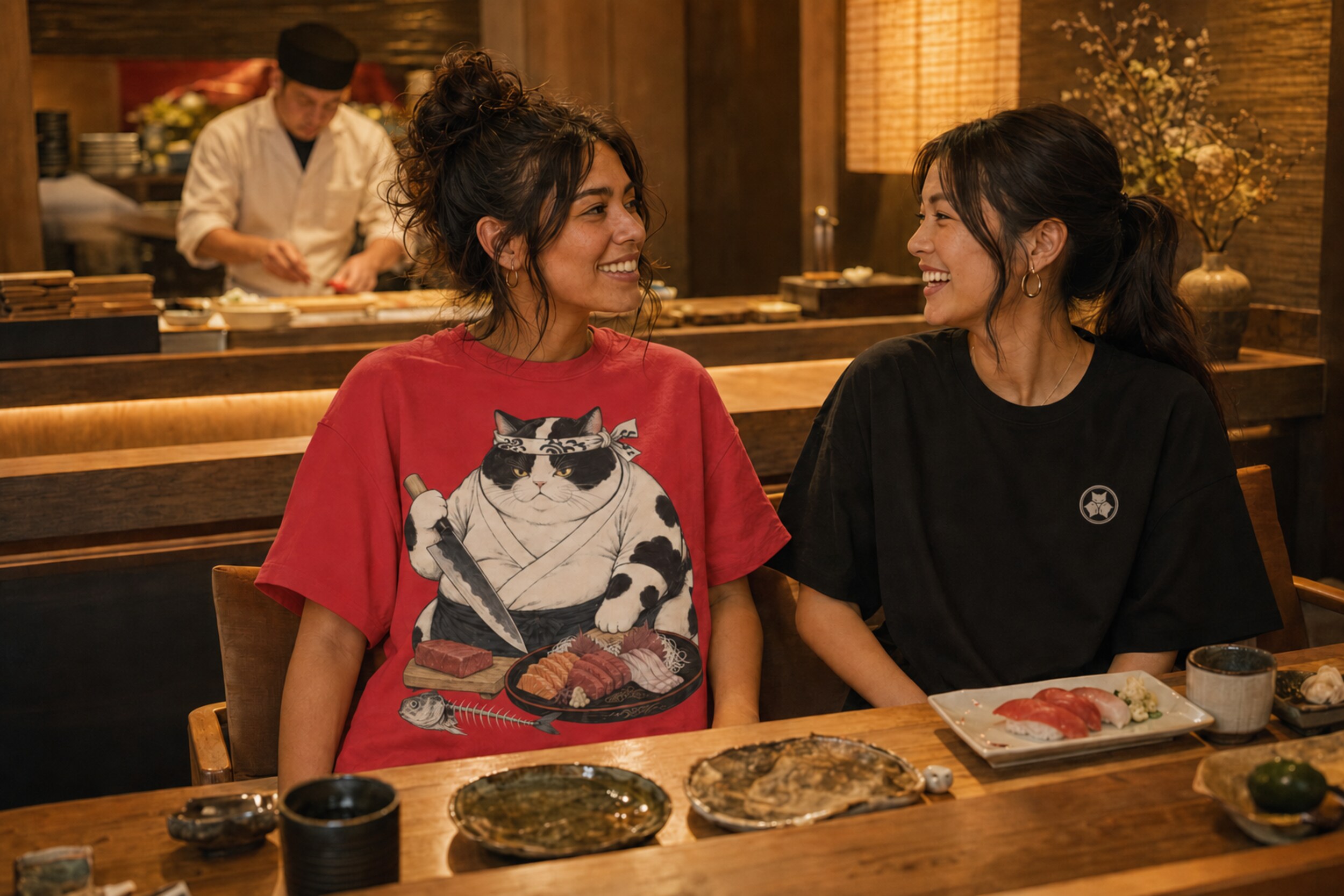 Friends at a sushi restaurant wearing the red Sushi Chef Cat tee and Alley Forms crest tee
