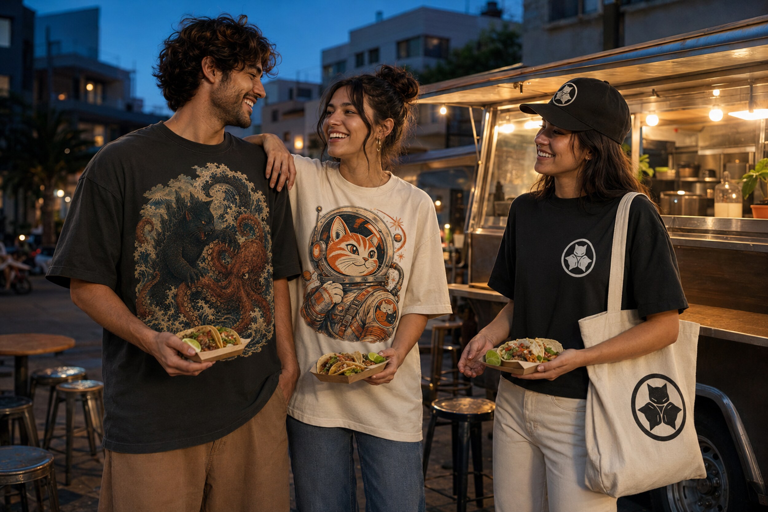 Friends wearing Alley Forms Catzilla, Space Cat and crest apparel at a taco truck