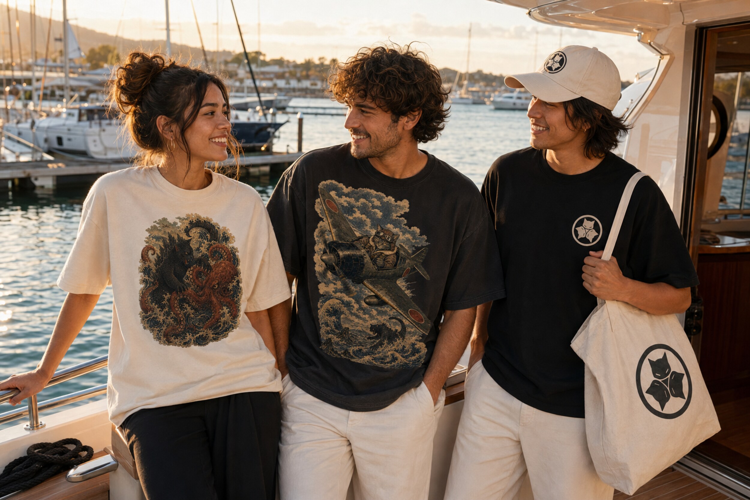 Friends wearing Alley Forms Kaiju tees and crest accessories on a yacht