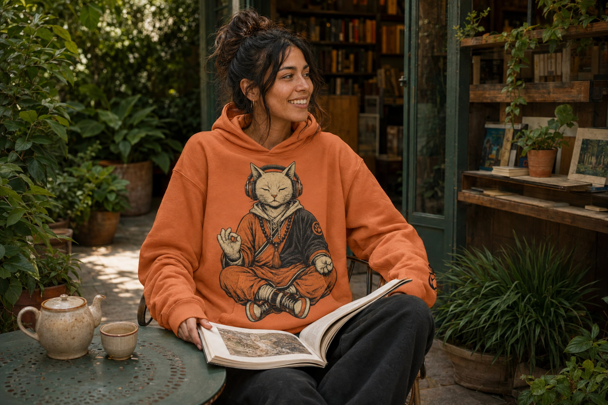 Model wearing the orange Alley Forms Zen Cat hoodie at a garden bookshop cafe