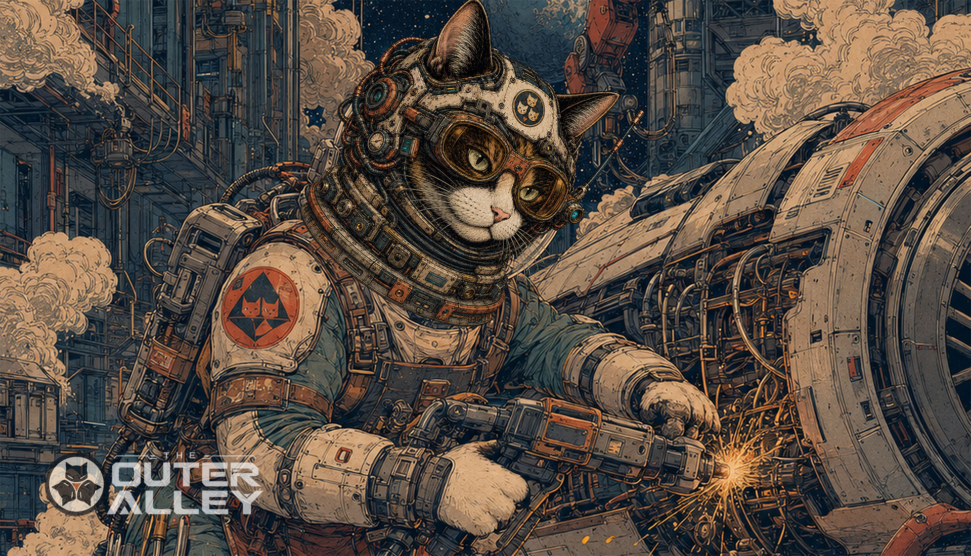 Outer Alley mechanic cat repairing a spacecraft engine