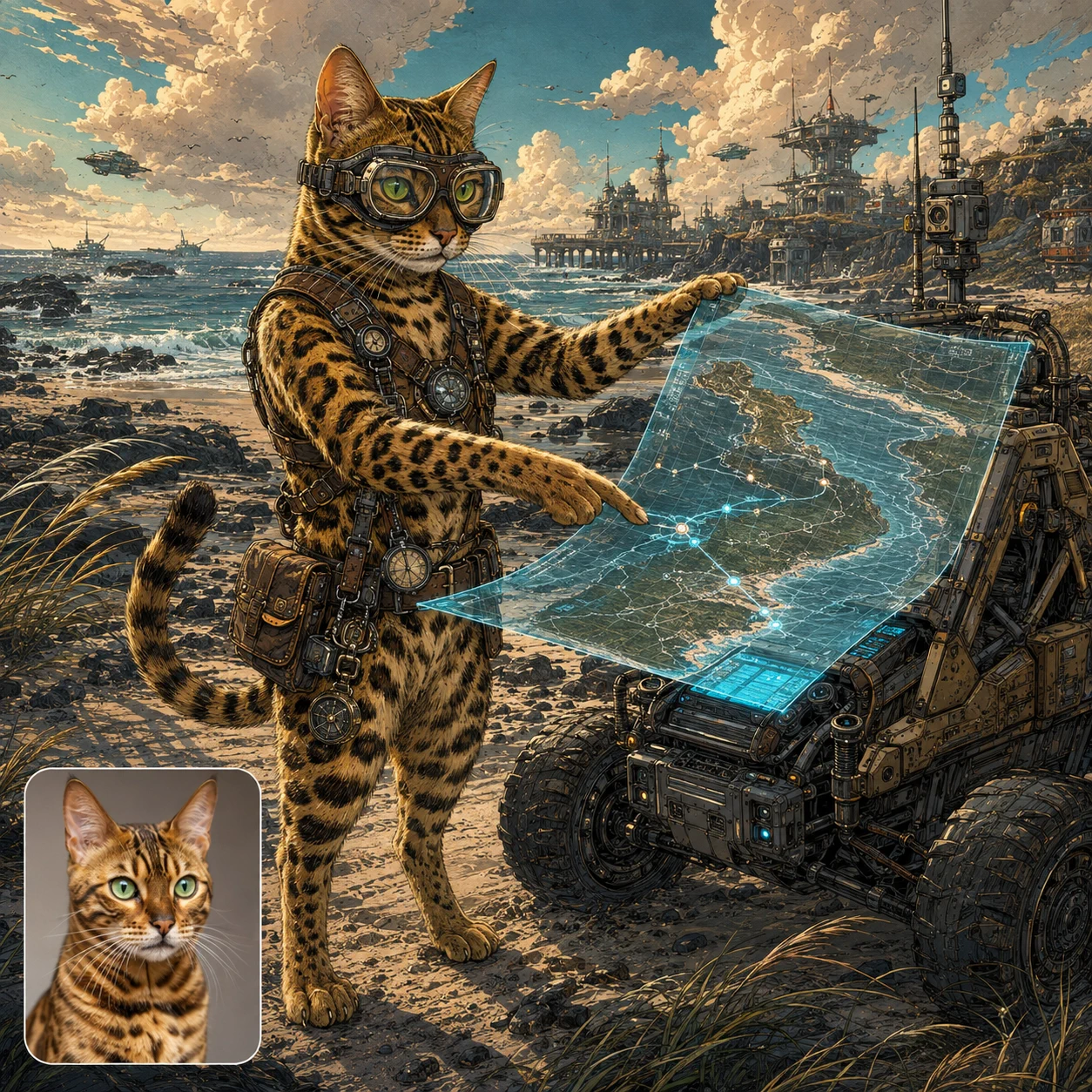 A Bengal transformed into an upright goggled rover cartographer, with their matching Earthside photo inset