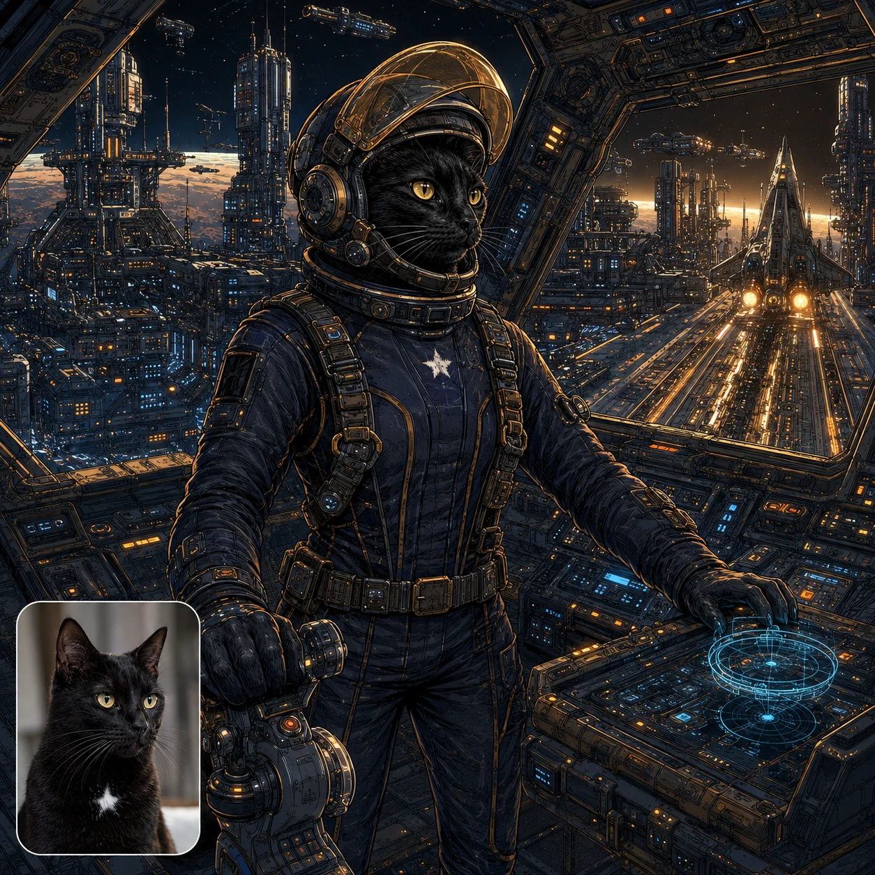 A black cat transformed into an upright flight-helmeted starship pilot, with their matching Earthside photo inset