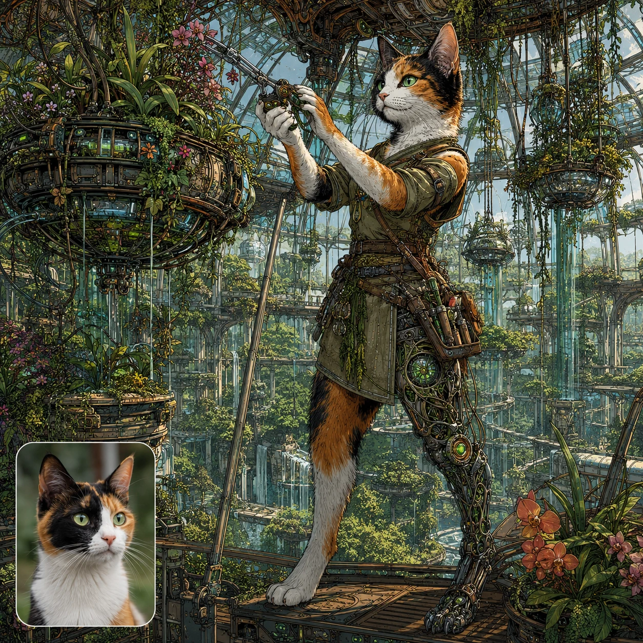 A calico transformed into an upright garden architect with one cybernetic leg, with their matching Earthside photo inset