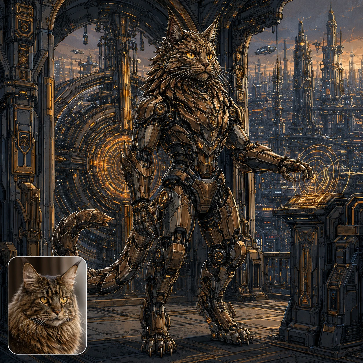 A Maine Coon reimagined as an upright fully robotic Crown sentinel, with their matching Earthside photo inset