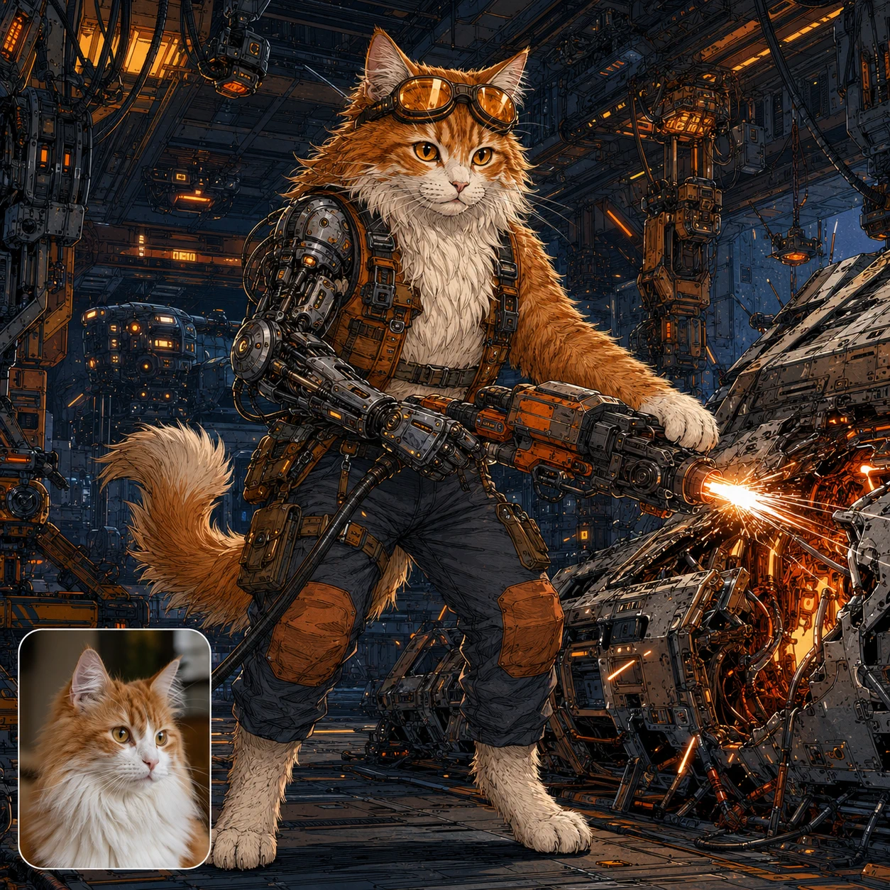 An orange longhair transformed into an upright goggled rescue engineer with one robotic arm, with their matching Earthside photo inset