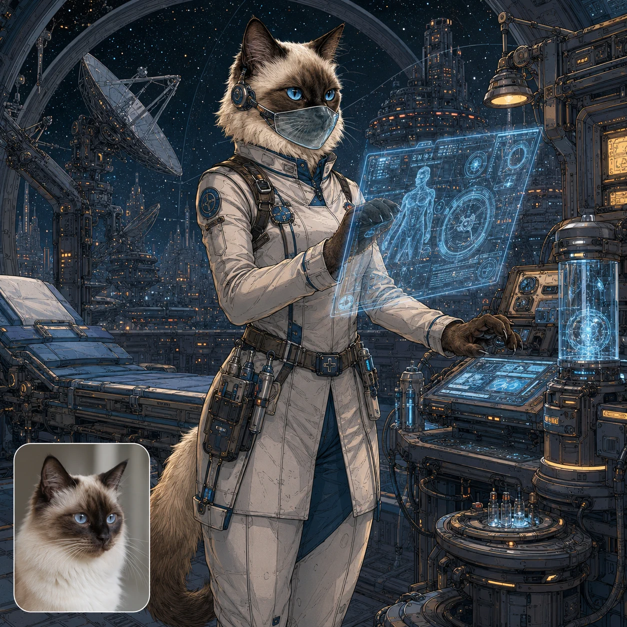 A blue-eyed ragdoll transformed into an upright masked signal medic, with their matching Earthside photo inset