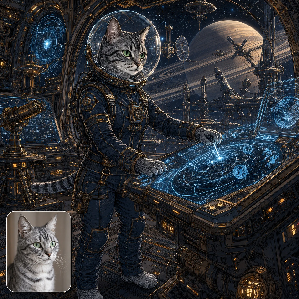 A silver tabby transformed into an upright helmeted orbital survey captain, with their matching Earthside photo inset