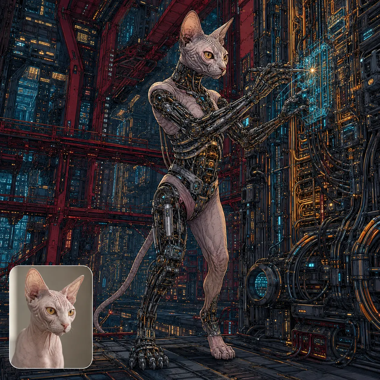 A Sphynx transformed into an upright full cyborg technician, with their matching Earthside photo inset