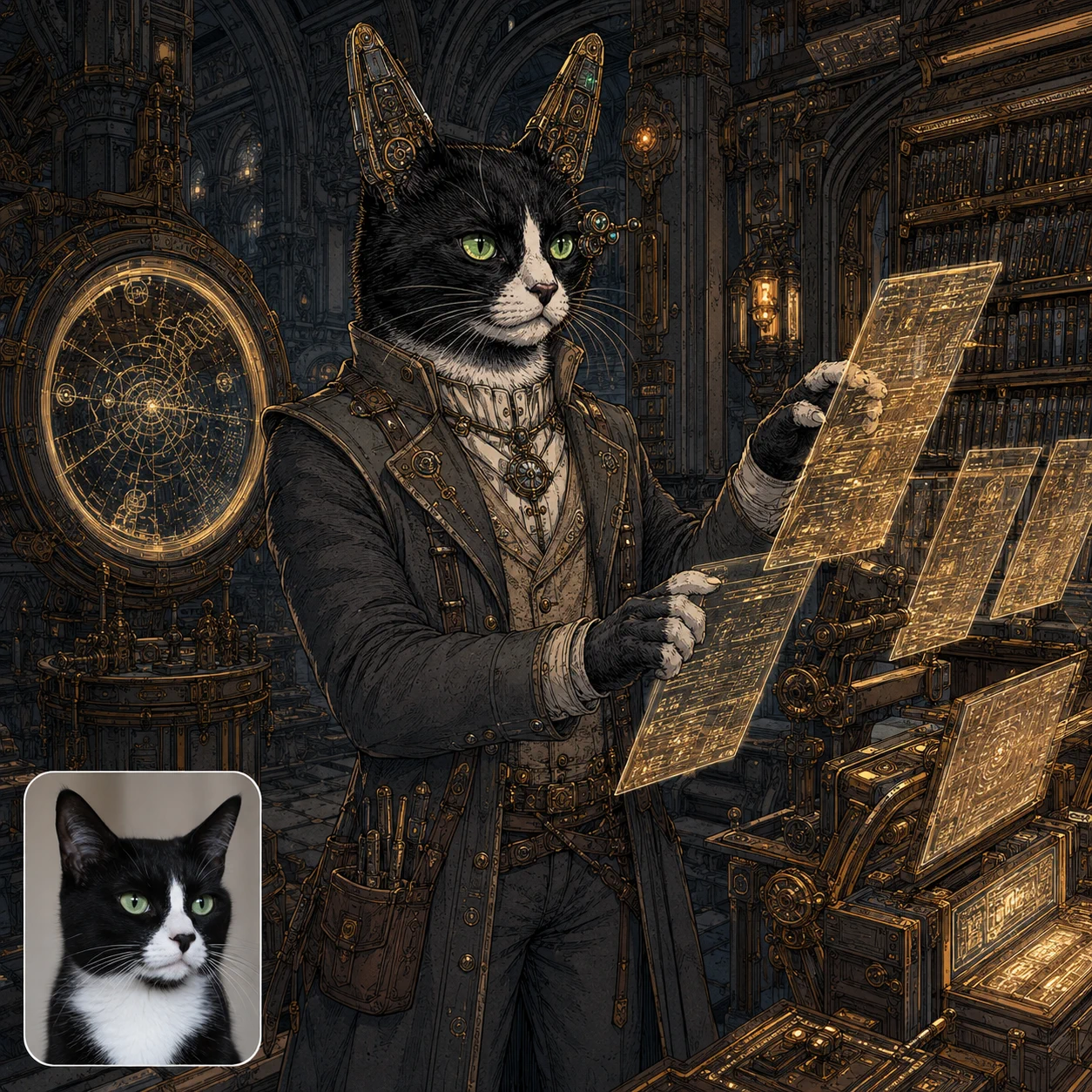A tuxedo cat transformed into an upright signal archivist with robotic ears, with their matching Earthside photo inset