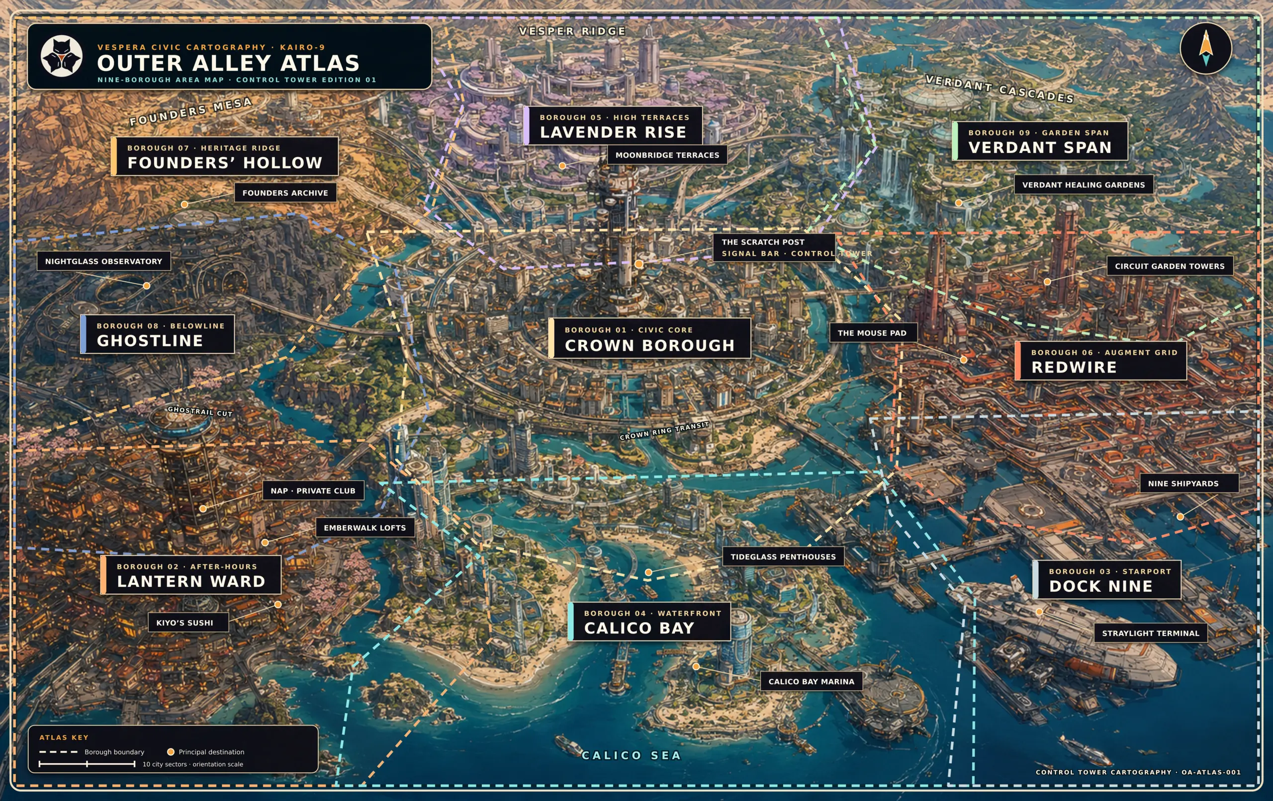 Illustrated map of Outer Alley and its nine boroughs