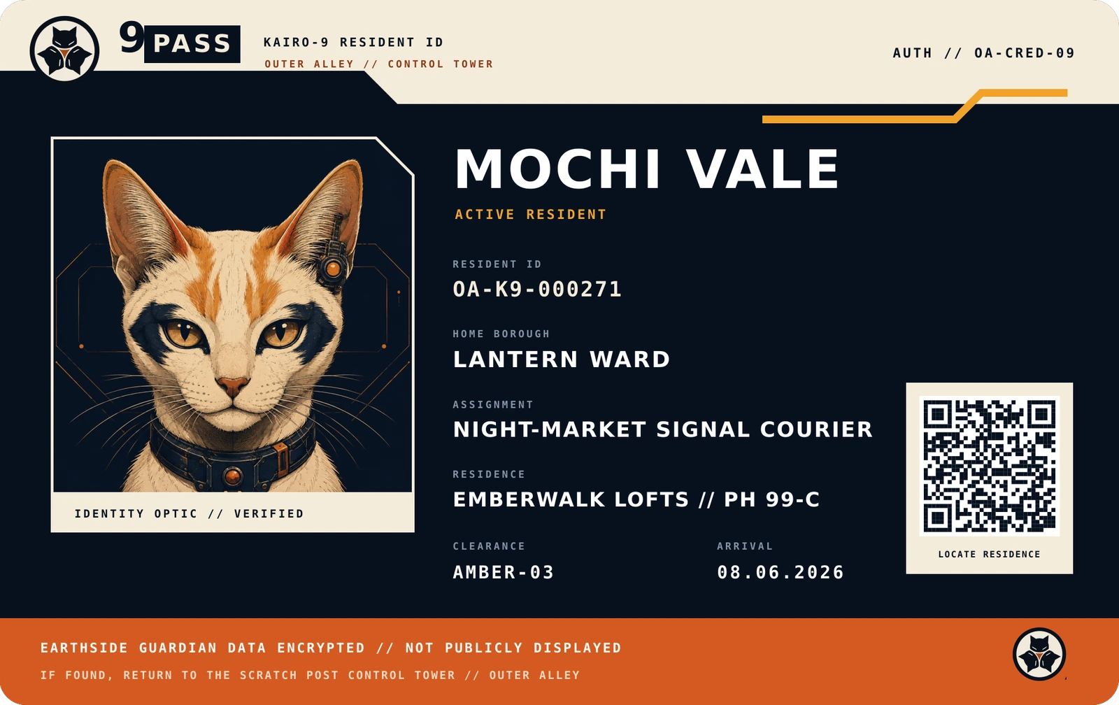 Sample NINEPASS ID side showing Mochi Vale's example portrait and assignment fields