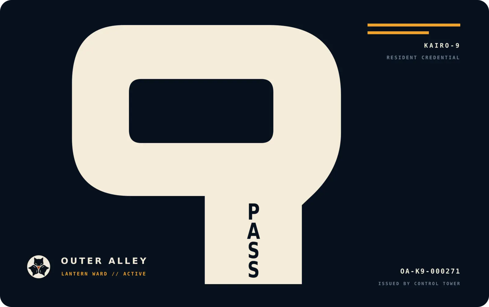 Sample NINEPASS mark side with a large ivory number nine and vertical PASS lettering