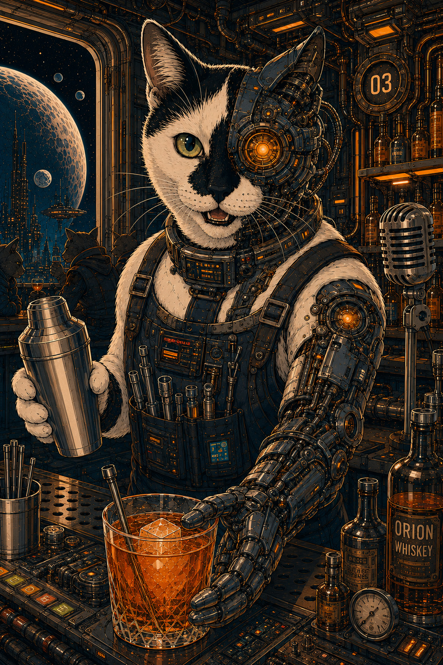 Turbo as a Level 03 part-cyborg bartender in the Signal Bar