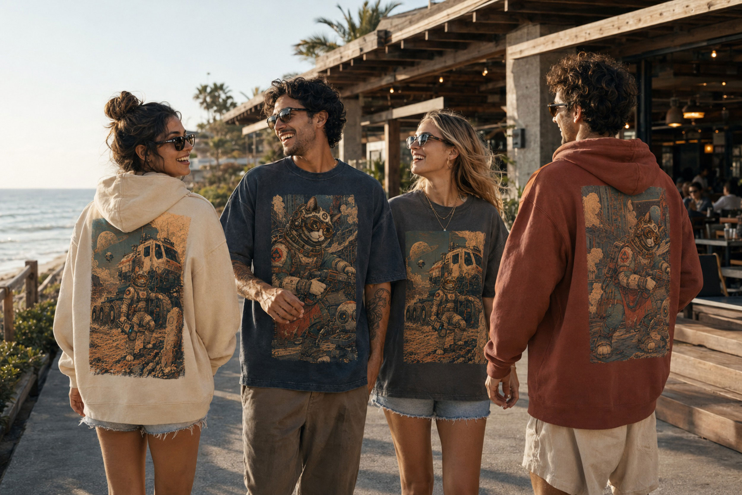 Friends wearing Orange Rover and Calico Mechanic apparel on the beach boardwalk