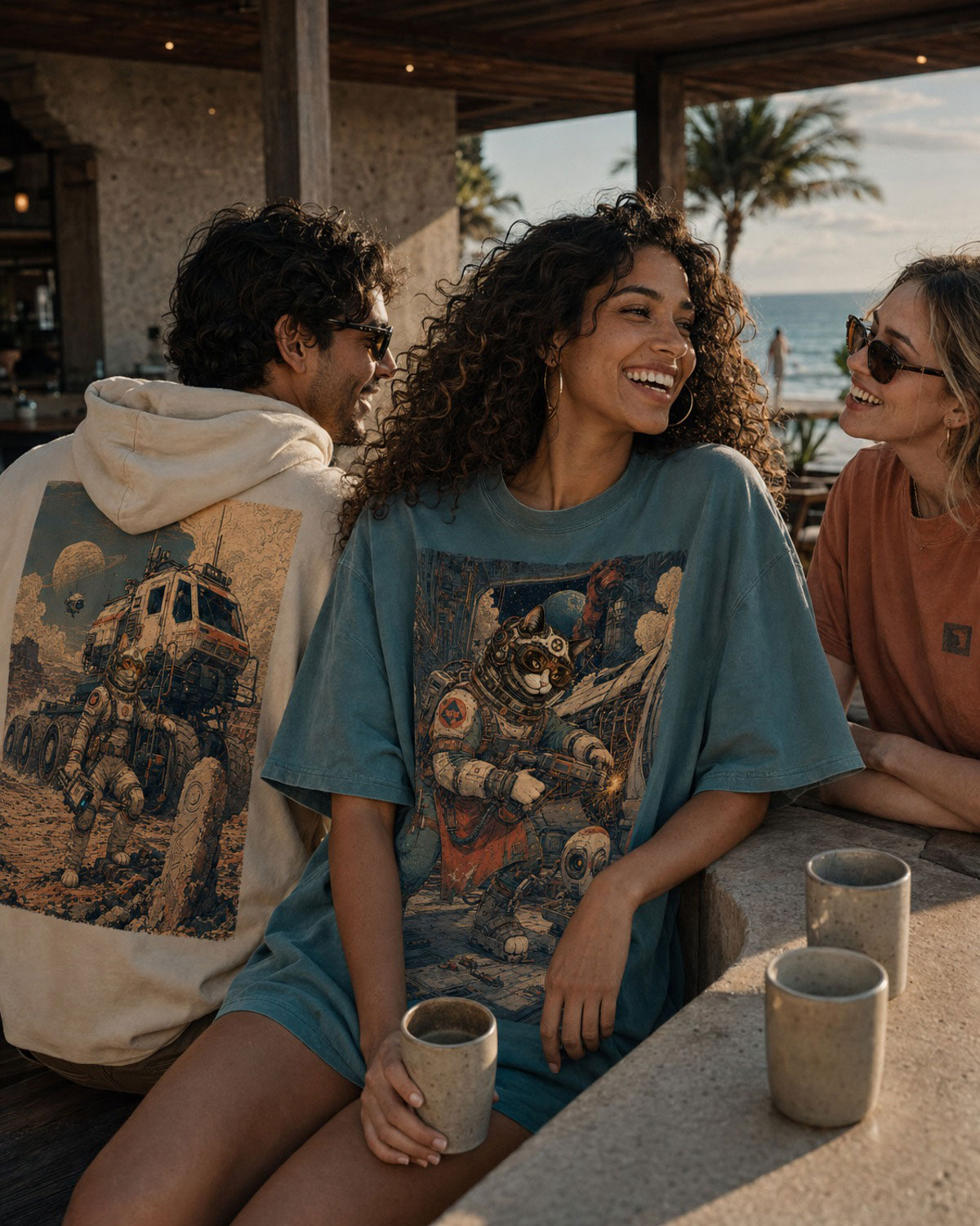 A woman wearing the Calico Mechanic tee with friends at the beach cafe