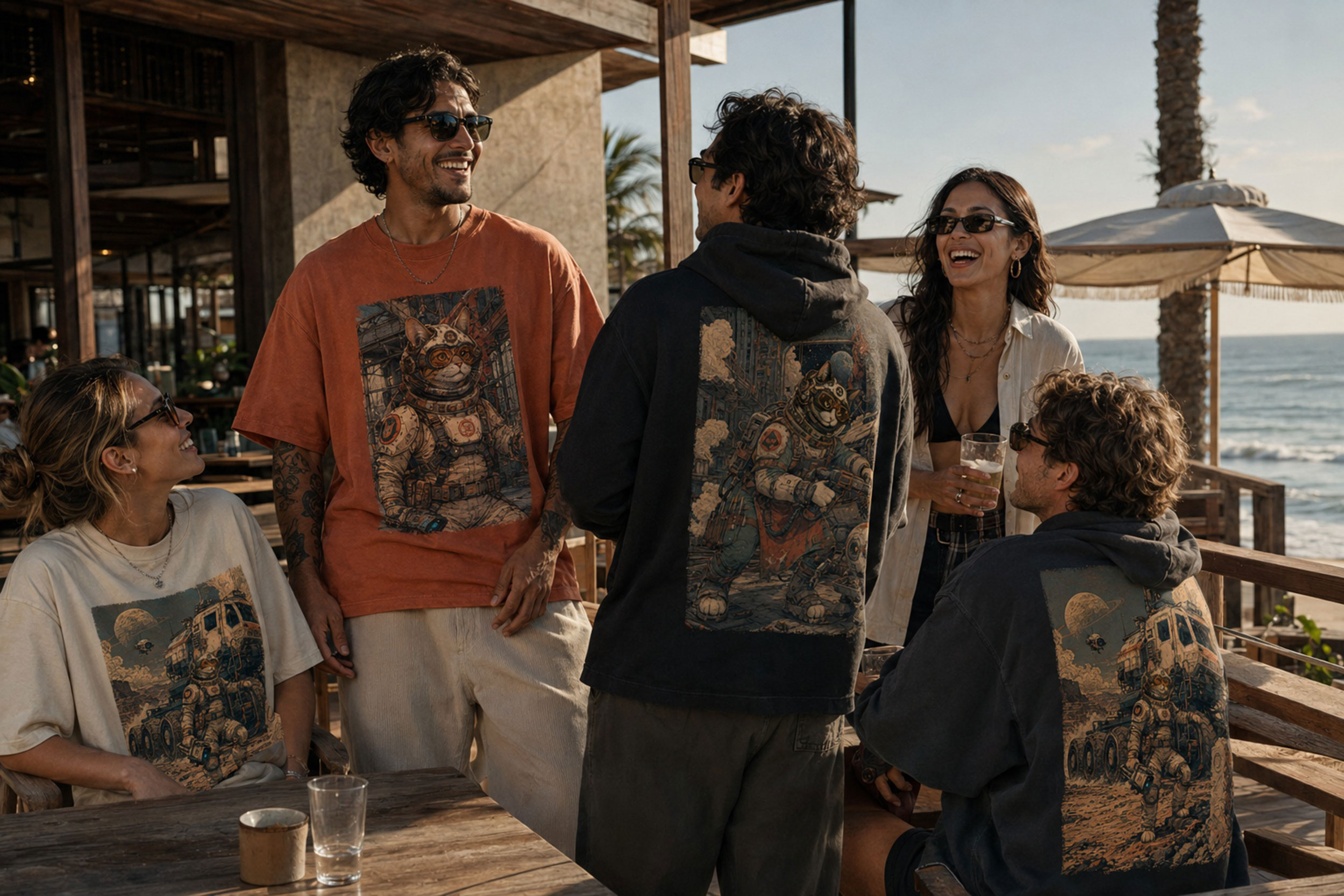 A diverse group of friends wearing Orange Rover and Calico Mechanic Outer Alley apparel at a beach cafe