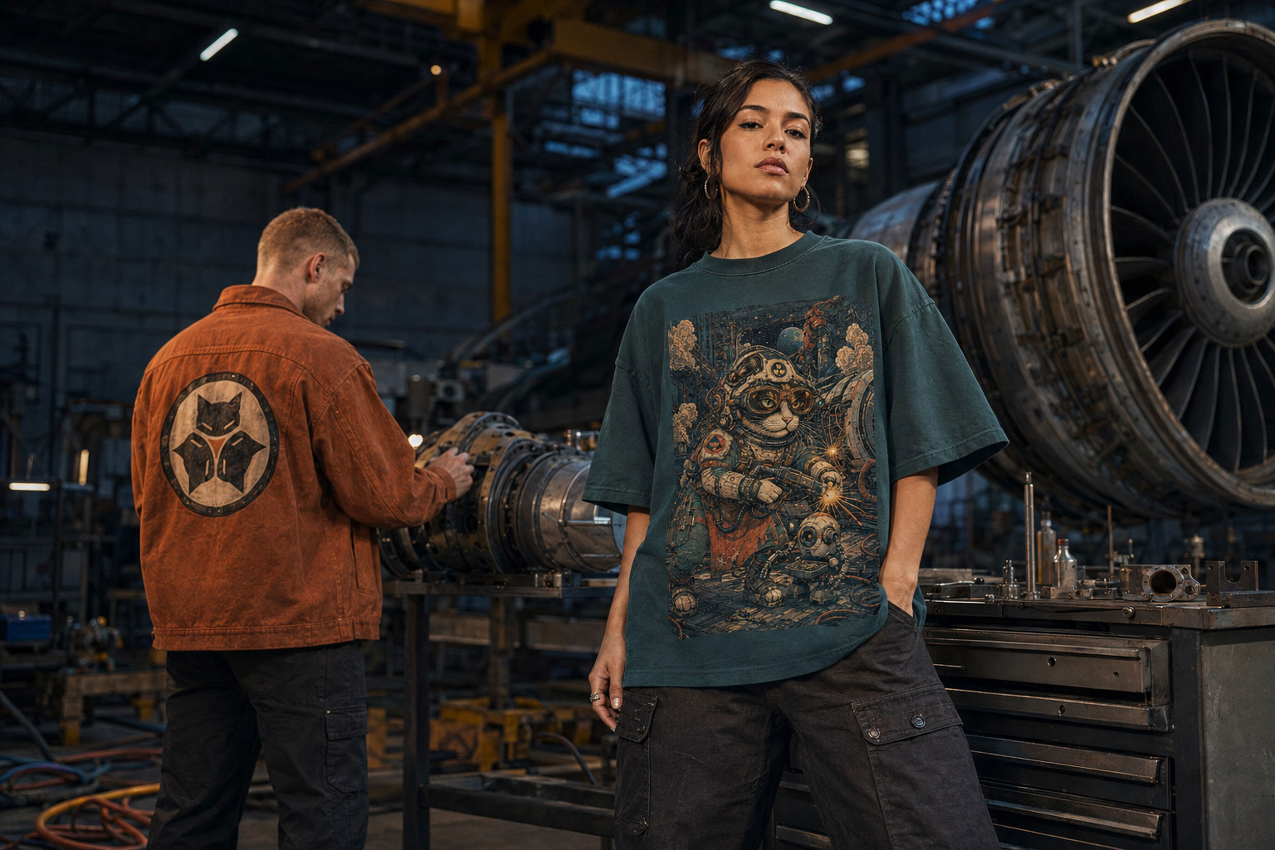 Models wearing Outer Alley apparel inside an industrial maintenance bay