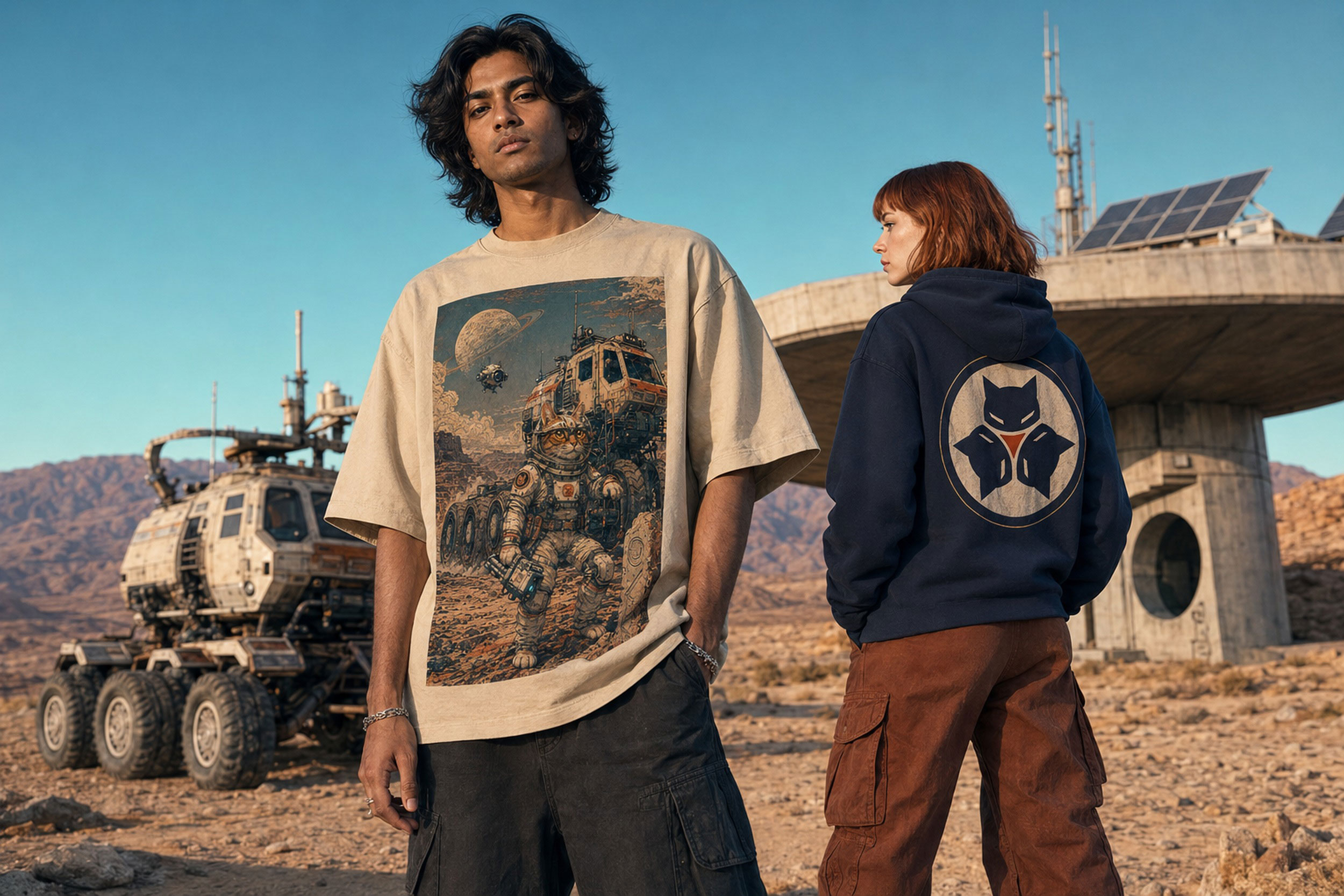 Models wearing Outer Alley apparel beside an expedition rover