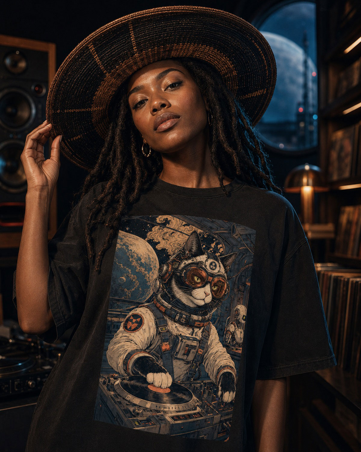 Woman with locs and a woven hat wearing an astronaut cat tee at the Signal Bar
